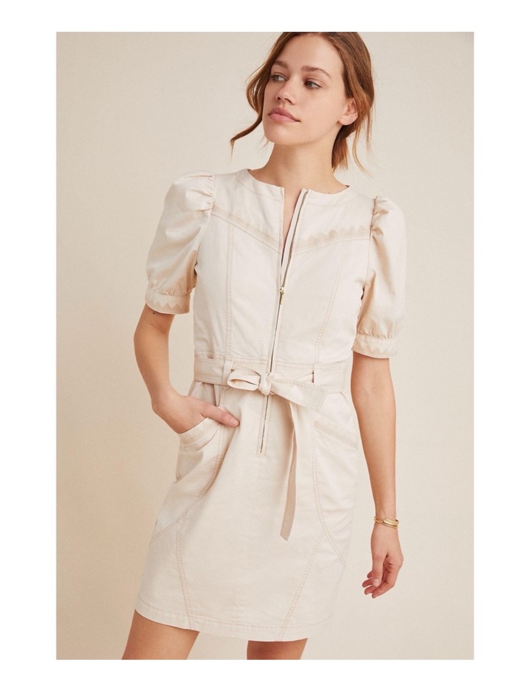 Anthropologie Cream Seamed Puff-Sleeve Mini Dress with Tie Waist